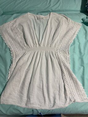 Lightweight White Crochet Sleeve Gauze Tunic bathing suit dress cover sz L